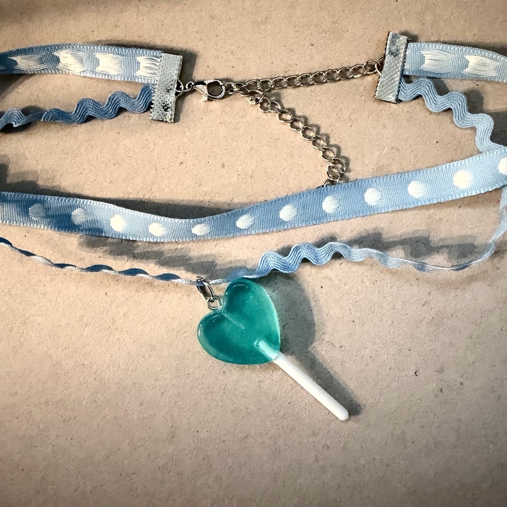 Blue Polka Dot Ribbon Choker with Heart Lollipop Pendant